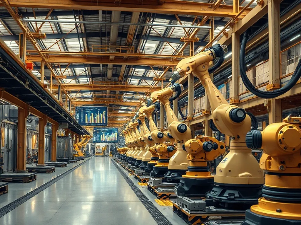 Industrial high-tech automated factory floor with robotic ar