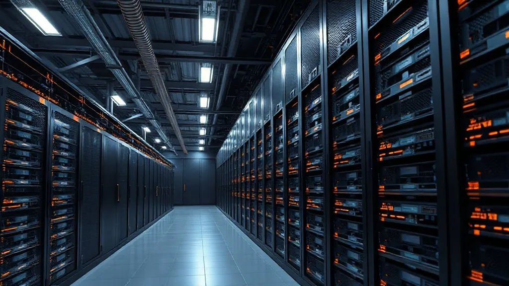 Industrial server room with bronze lighting, clean lines, mi