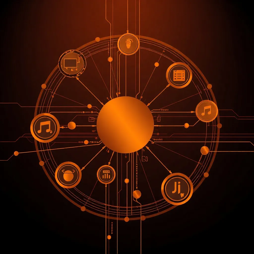 Abstract technical diagram of data flow, bronze and dark bro